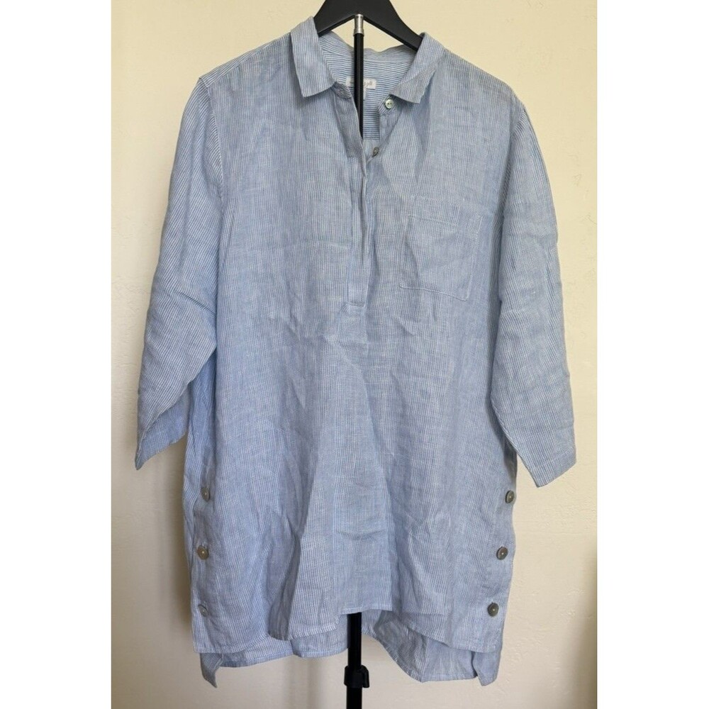 J Jill Love Linen L Oversized Tunic Top Blue White Stripe Lagenlook Coastal